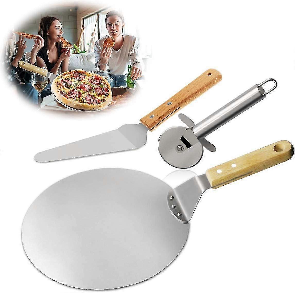 3pcs Pizza cutter, Pizza shovel, Stainless steel cake shovel Wooden handle, Ideal for Pie, Pizza or Cake