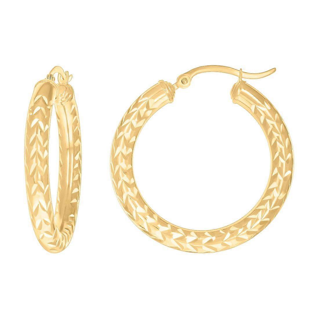 10Kイエローゴールドレディーススパークルカットラウンドチューブパターンフープイヤリング女性用31x4mmワイドフープイヤリング