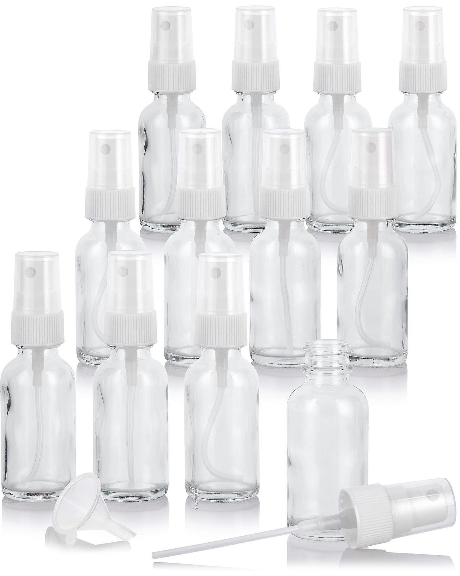 1 oz Clear Glass Boston Round Bottle with White Fine Mist Spray (12 Pack) Funnel Refillable Empty Storage Containers