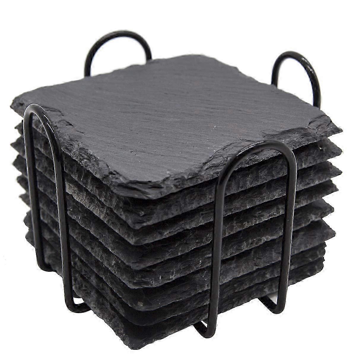 Slate Drink Coasters with Metal Holder, Square