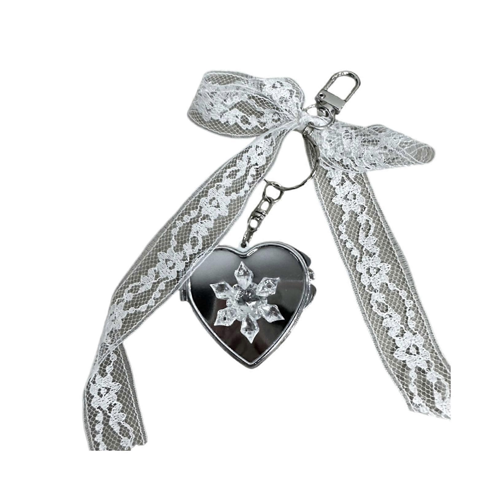 Portable Snowflake Lace Heart Mirror Pendant Keychain Charm with Chain Designs for Easy Carrying and Daily Makeup Multicolor