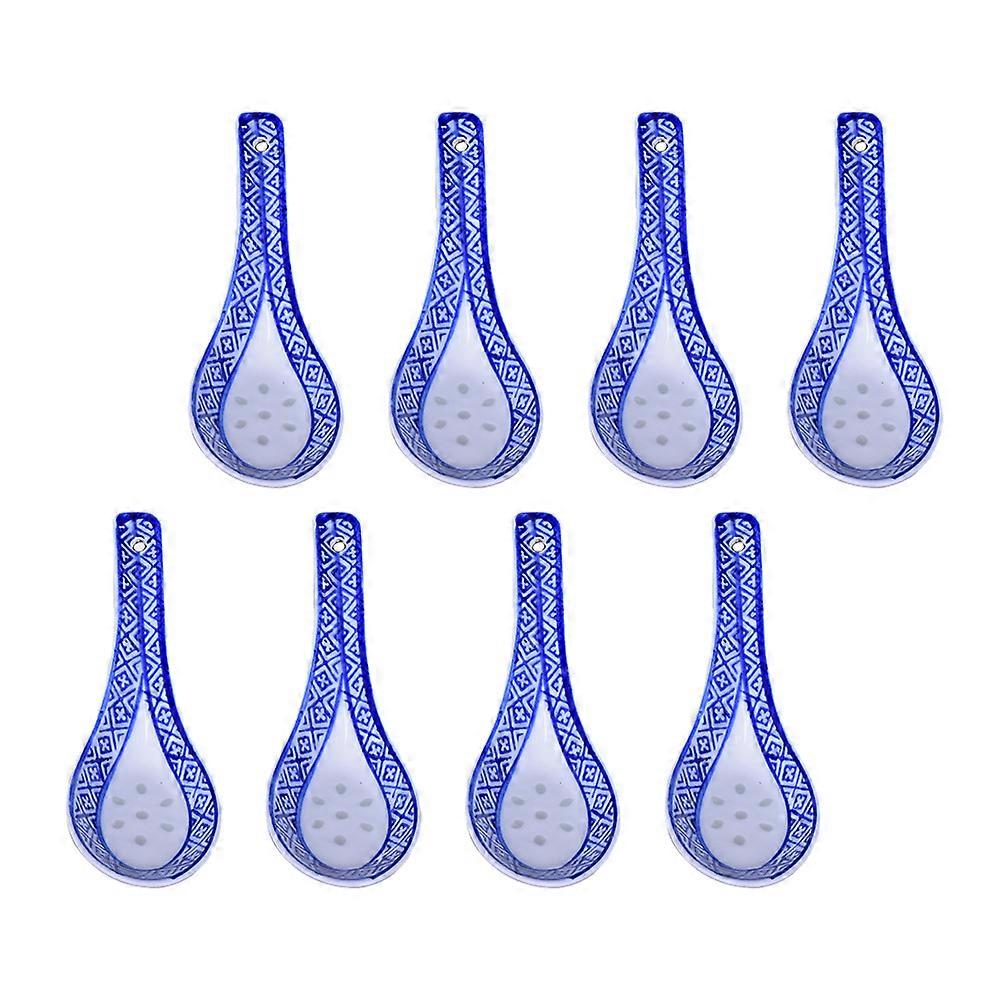 Retro Look Ceramic Soup Spoons Chinese Style Multi-Function Food Spoons Household Blue and White 13X4.5X2CM Small For Drinking Soup 8Pcs