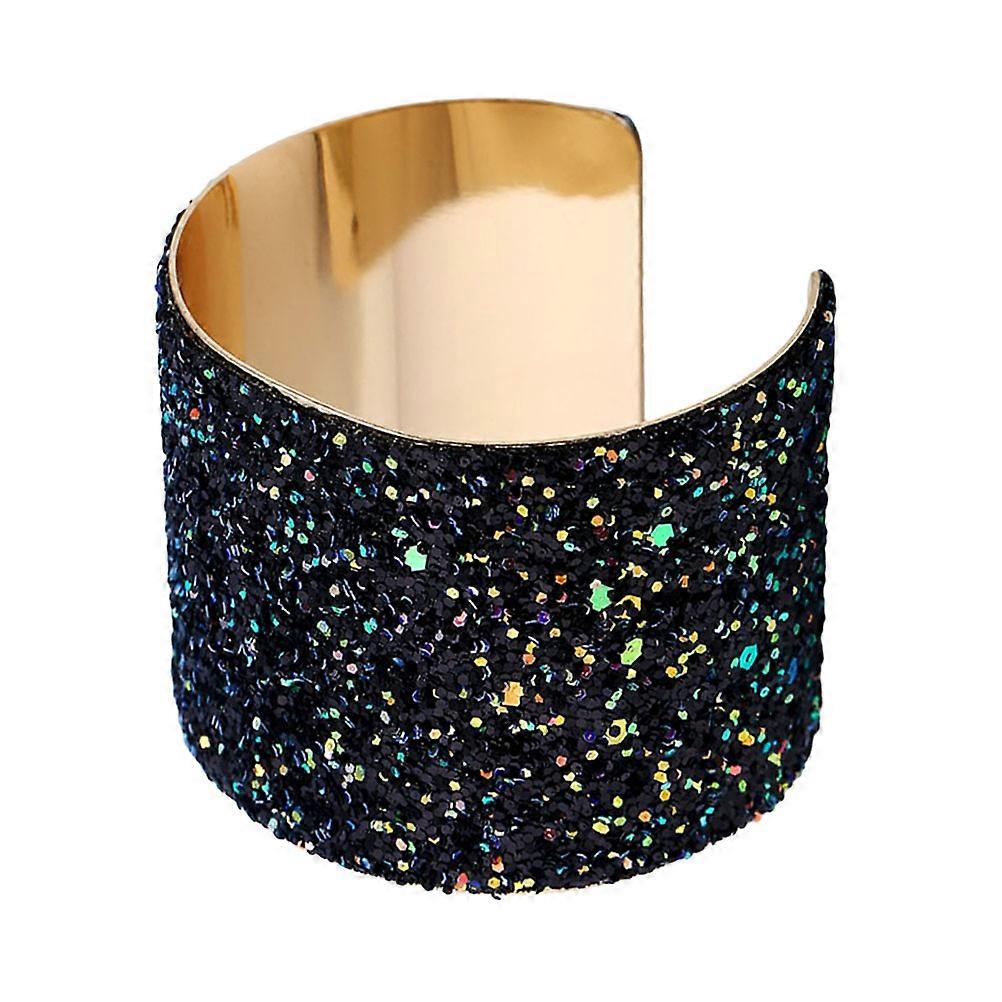 Sequin Cuff Bracelet Wide Open Bangle for Women Black Single Piece