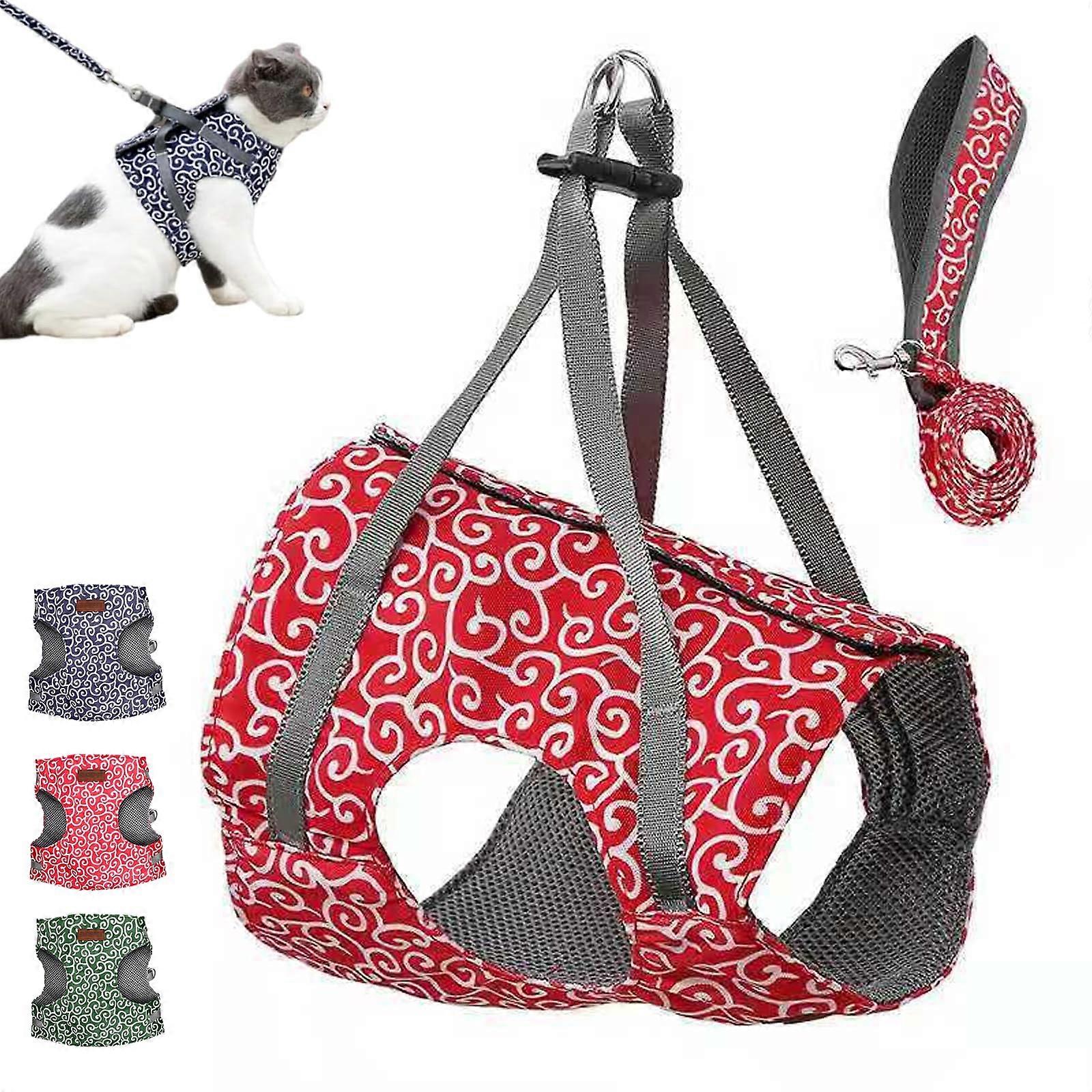 Nio Watchted Cat Vest Harness Leash, Soft, Breathable, Safe (Red)