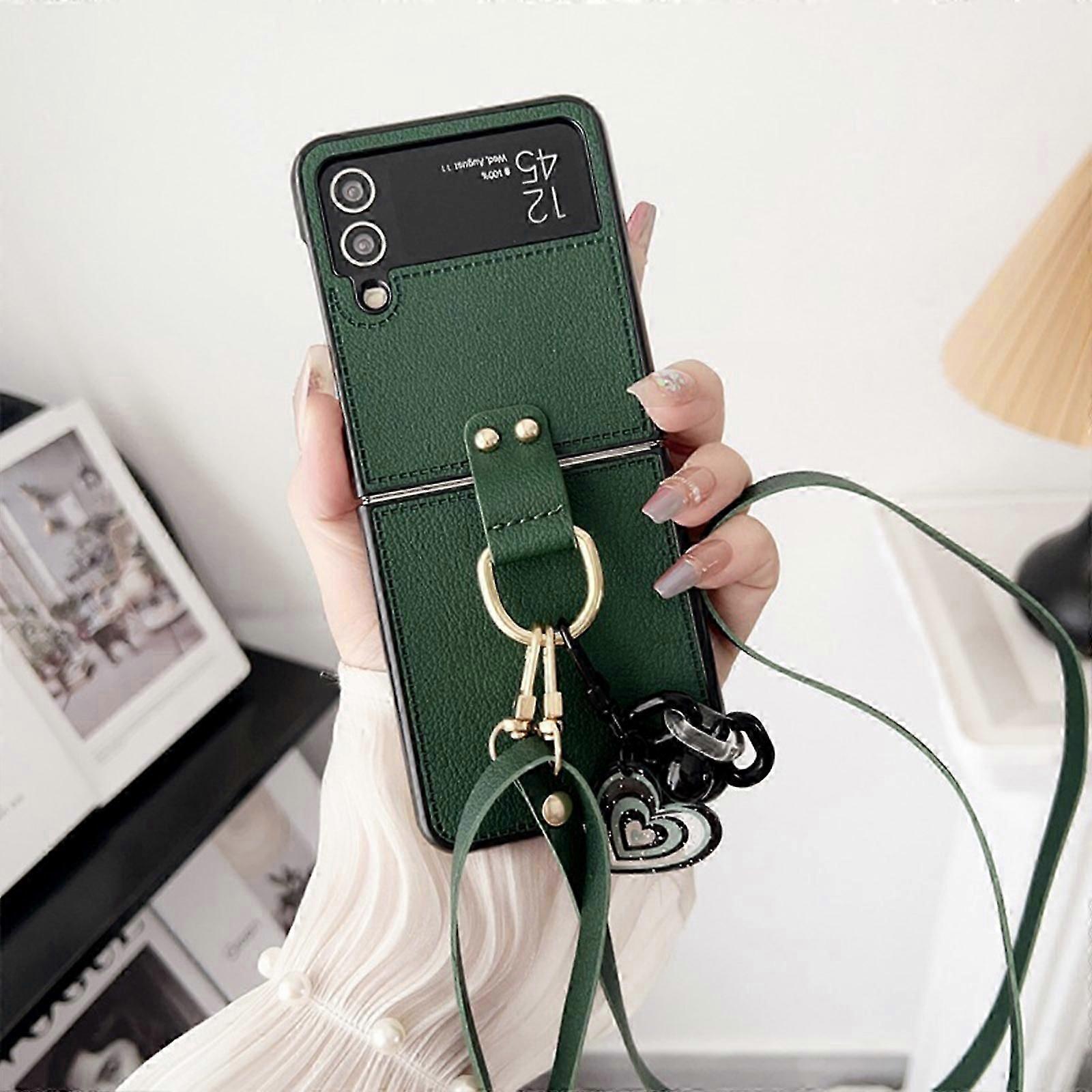 Z Flip 5 Leather Case with Ring Stand, Removable Lanyard Strap Leather Protector Case for Z Flip 5 2023