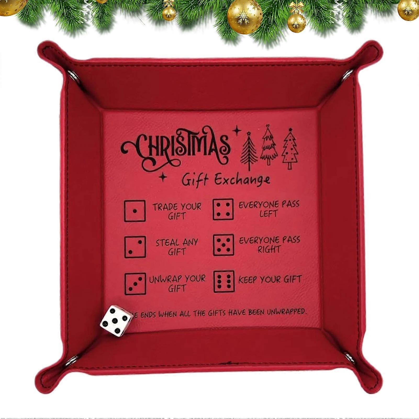 Dice Tray with Cubes - Portable Faux Leather Dice Rolling Tray for Board Games, Red Color, Engraved Exchange Rules for All Ages