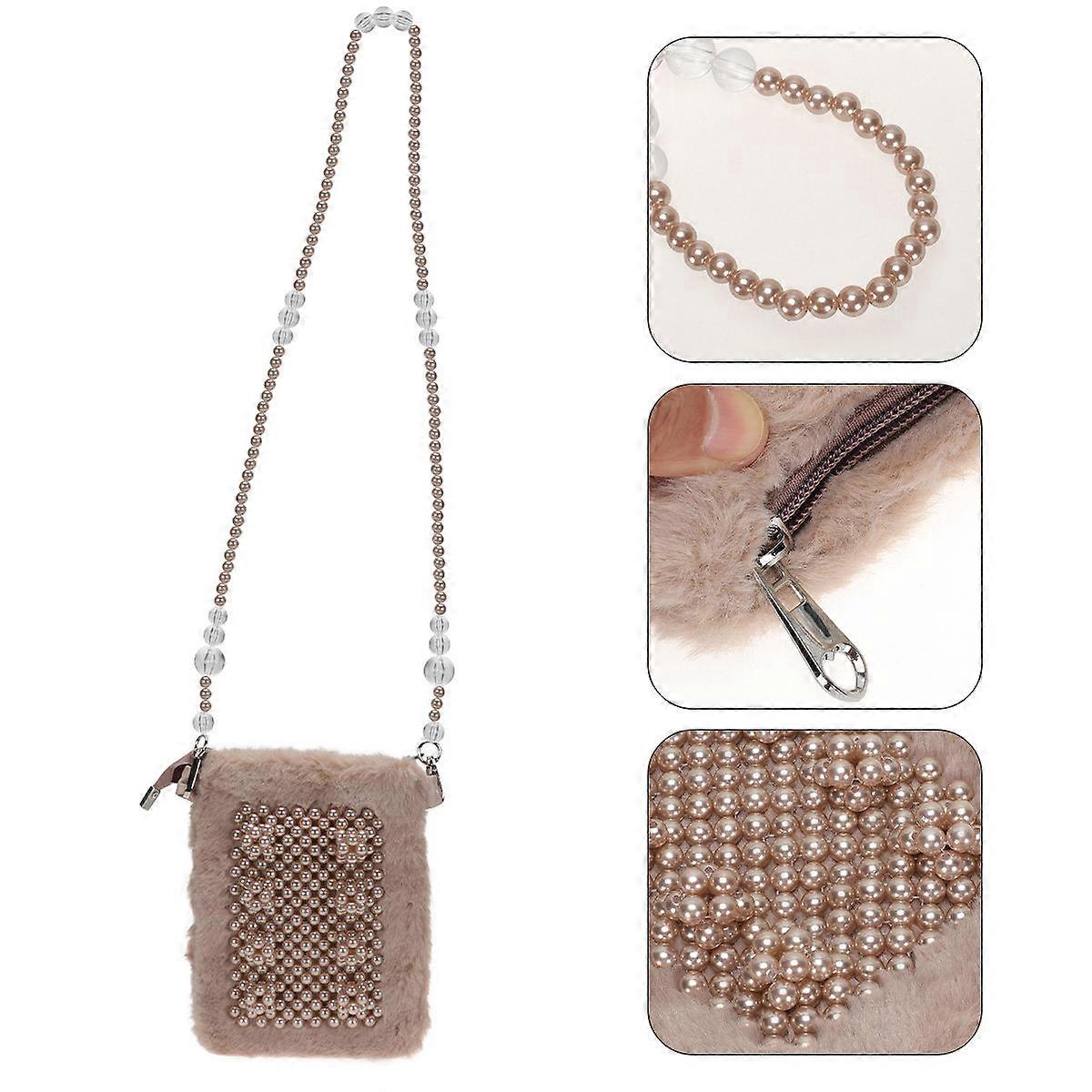 Mini Shoulder Bag Plush Beaded Pearl Phone Bag Cross-Body Party Outdoor Use 7.5×5.5×0.4in 1Pack