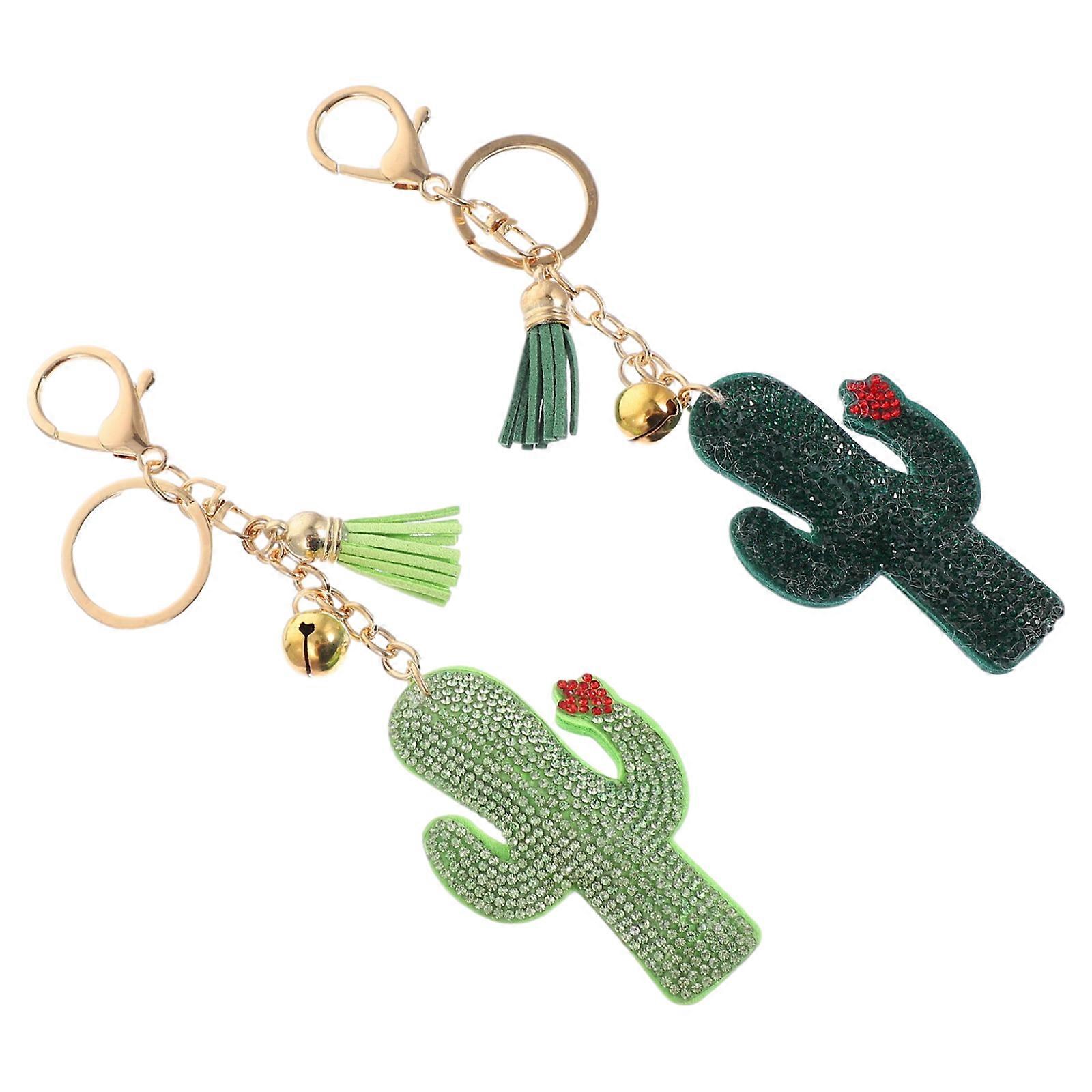 2pcs Cactus Key Chains with Rhinestone Inlay Key Rings Key Pendants Assorted Colors