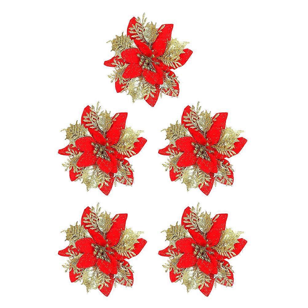 Red Artificial Poinsettia Flowers 5Pcs Christmas Tree Holiday Fabric Glitter Decoration