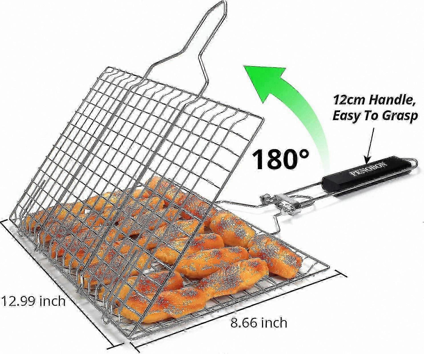 Foldable Stainless Steel BBQ Grill Basket with Removable Handle and Basting Brush for Fish, Veggies, and Shrimp