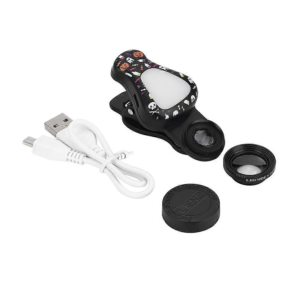 Mini Cute 3 in 1 Phone Camera Lens LED Light Wide Angle Macro Lens with Phone Clip Black