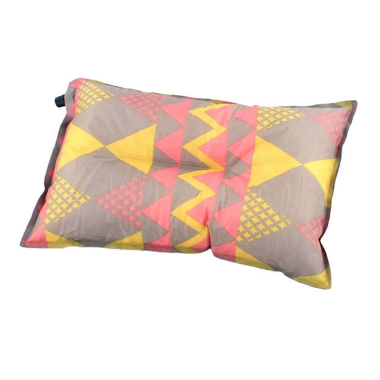 Automatic Inflatable Camping Pillow With Soft Cervical Support Portable For Travel And Office Use Red And Yellow Printed