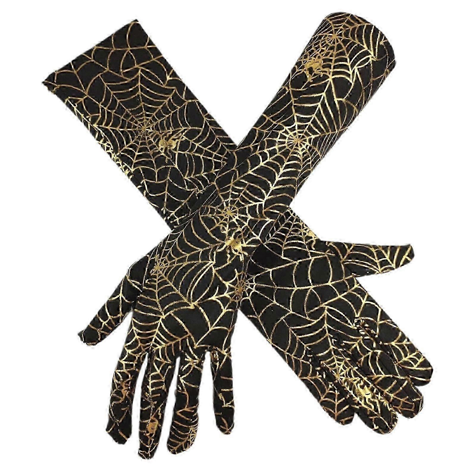 Halloween Party Gloves With Gold Spiderweb Pattern Design Comfortable Breathable Arm Gloves For Costume Parties Cosplay Cs