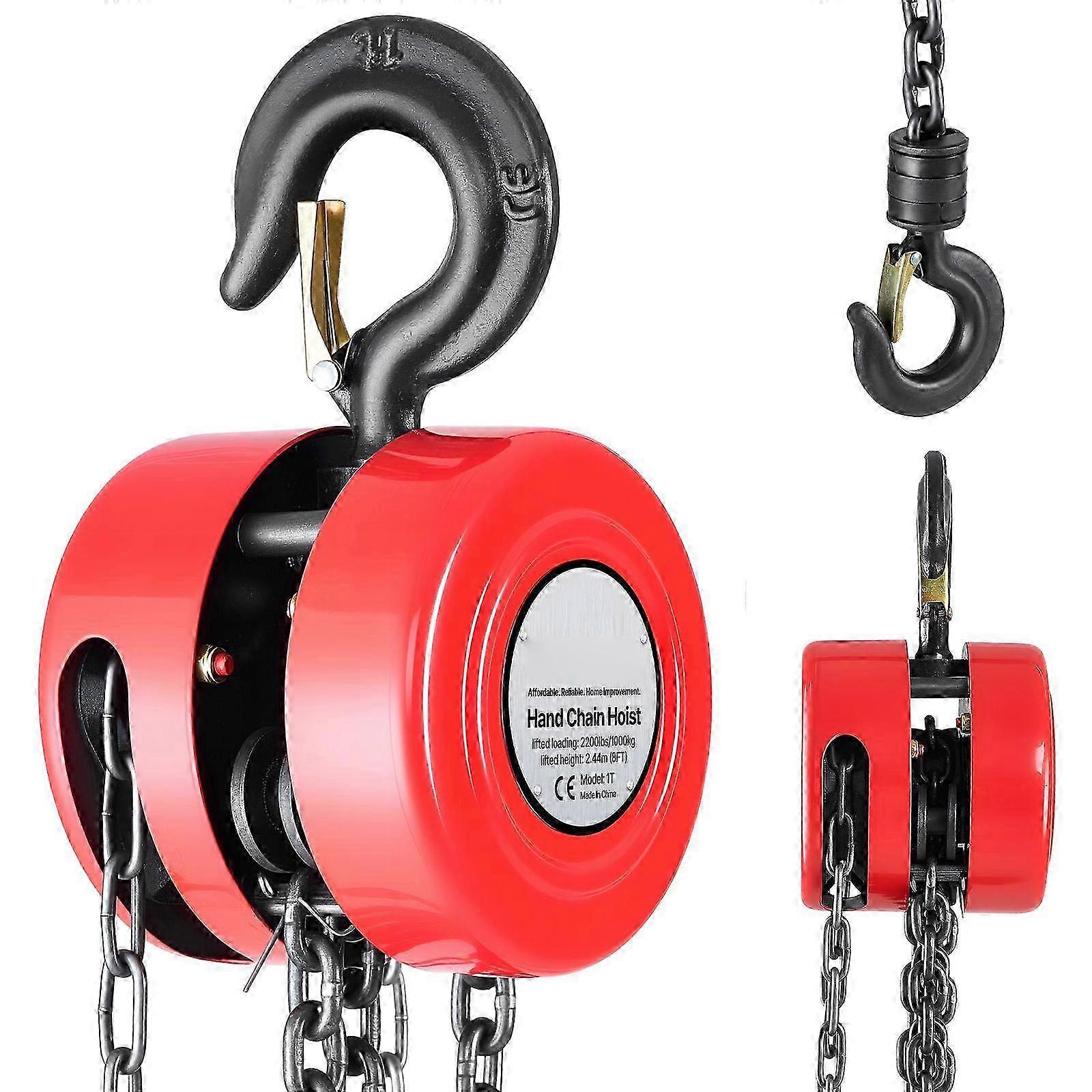 Hand Chain Hoist 1 Ton Capacity Manual Block with Upgrade G70 Galvanized 2.44 m Lifting Height Red