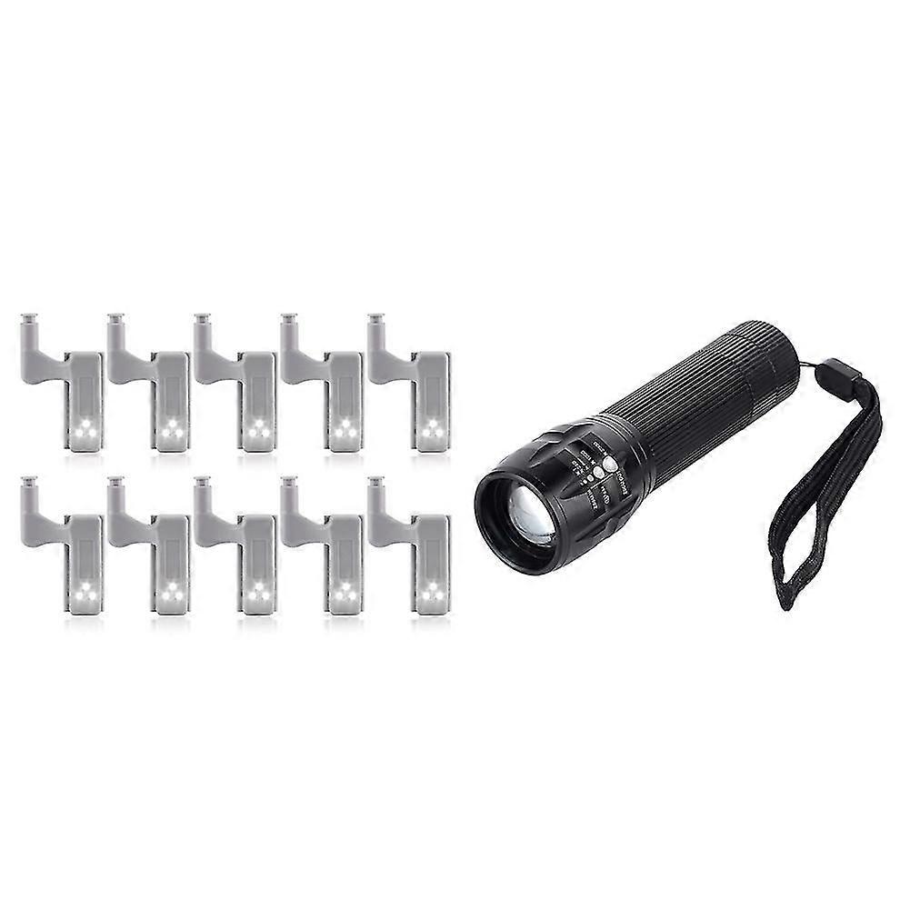 10pcs Led Hinge Light Smart Sensor Lamp Warm White & 1 Pcs Led Flashlight 18650/aaa Battery Led Tor