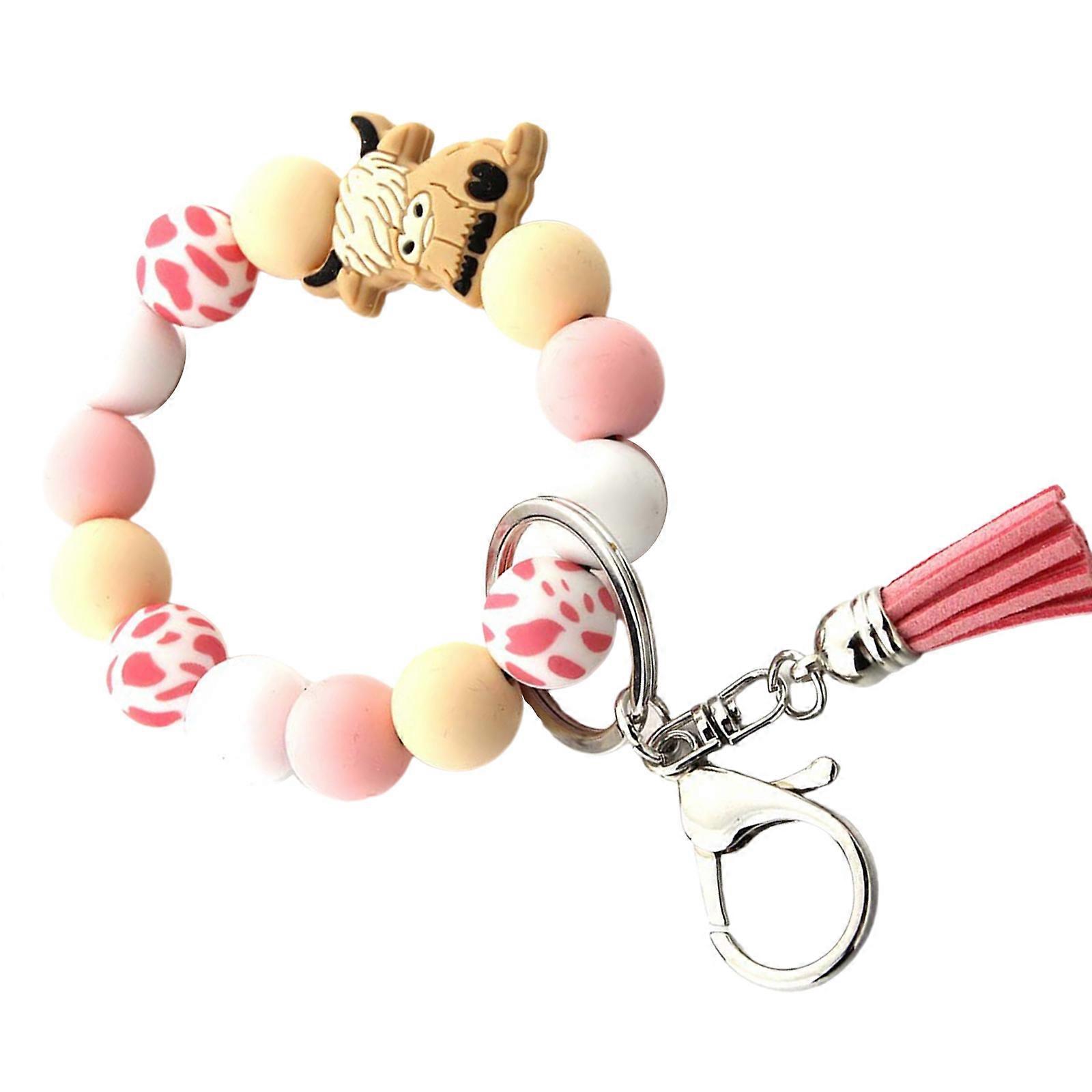 Sturdy Highland Cow Silicone Beaded Wristlet Keychain Unique Keyrings Accessory for Practical and Trendy Use  Pink