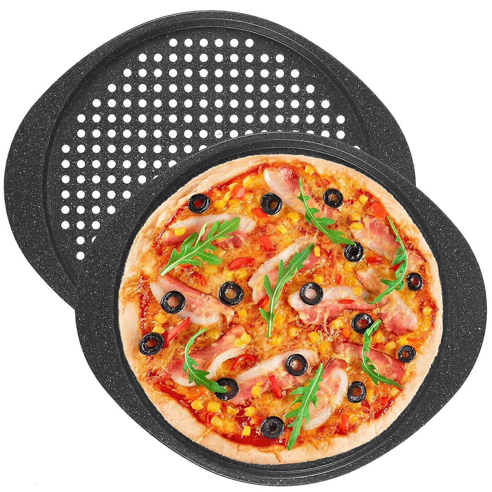 13' Pizza Pan Set of 2 – Carbon Steel Perforated Trays with Handles, Oven Safe for Crispy Homemade or Frozen Pizza