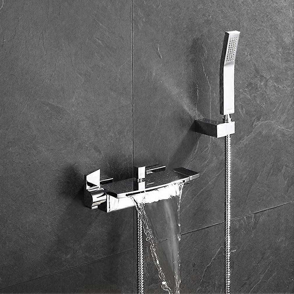 Wall Mounted Brass Chrome Waterfall Bathtub Faucet Set with Double Handles and Handheld Shower (B)