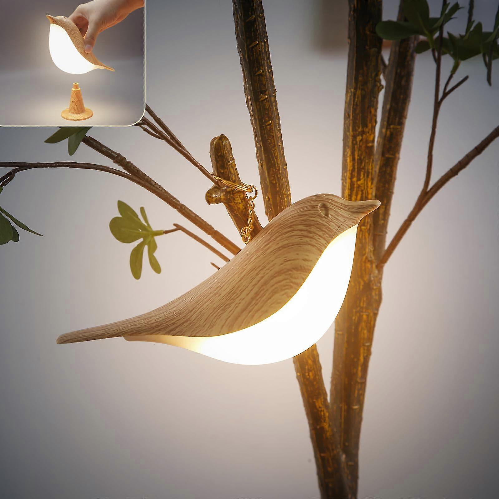 Rechargeable Bird Night Light with Touch Control Dimming, Wooden Style LED Lamp for Bedroom