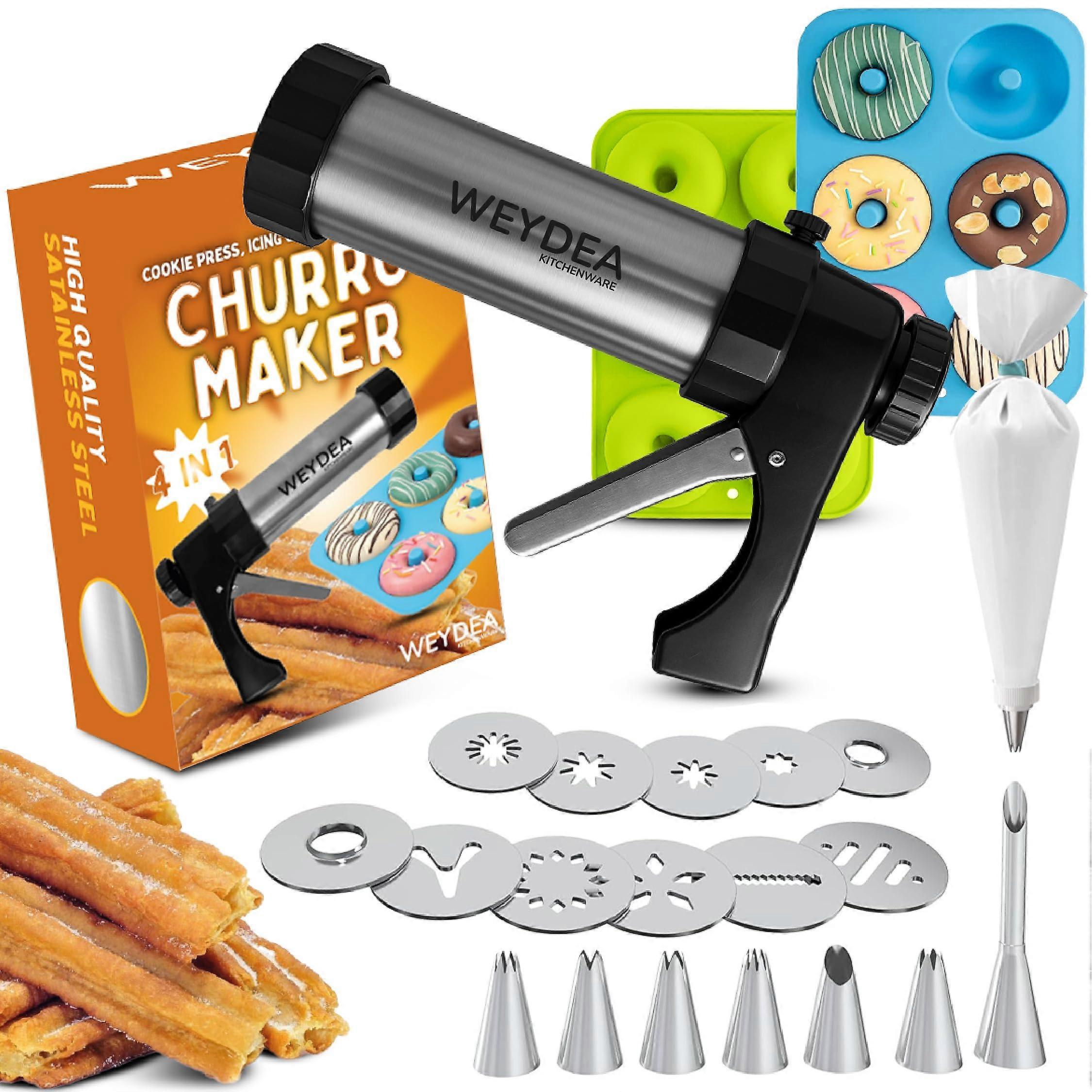 4 in 1 Churros Maker with Nozzles and Cookie Press Gun Set for Churros Cookies Donuts Baking