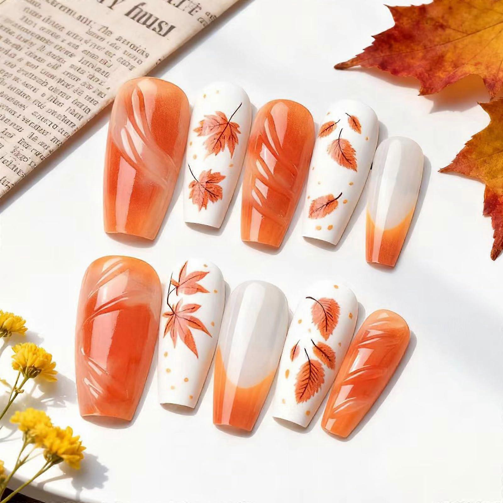 Fall Press On Nails Medium Square Maple Leaf Fake Nails Thanksgiving Acrylic Full Cover 30pcs