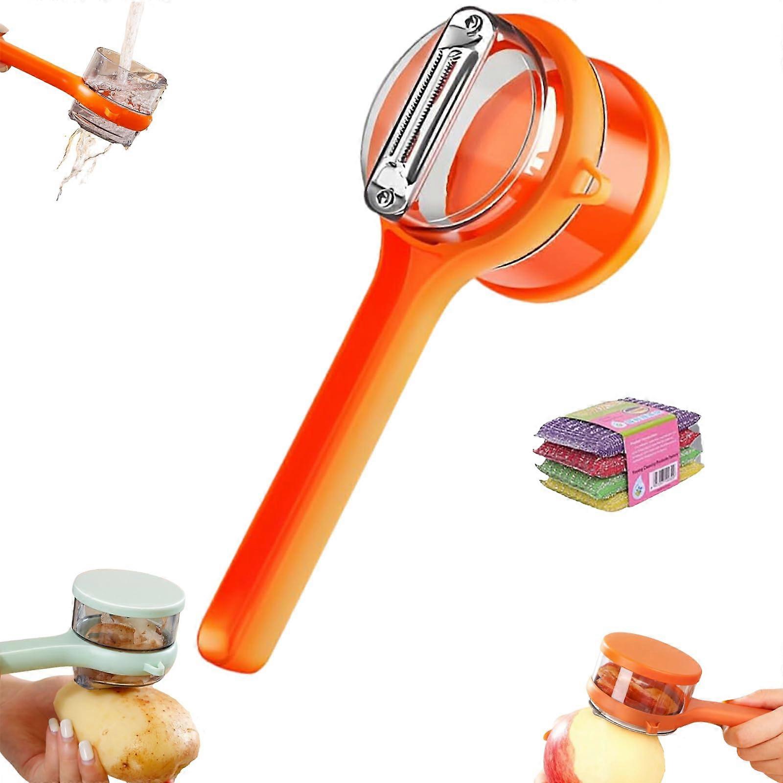 Vegetable Peeler with Container Stainless Steel DoubleSided Blade Ergonomic Grip Orange Kitchen Tool