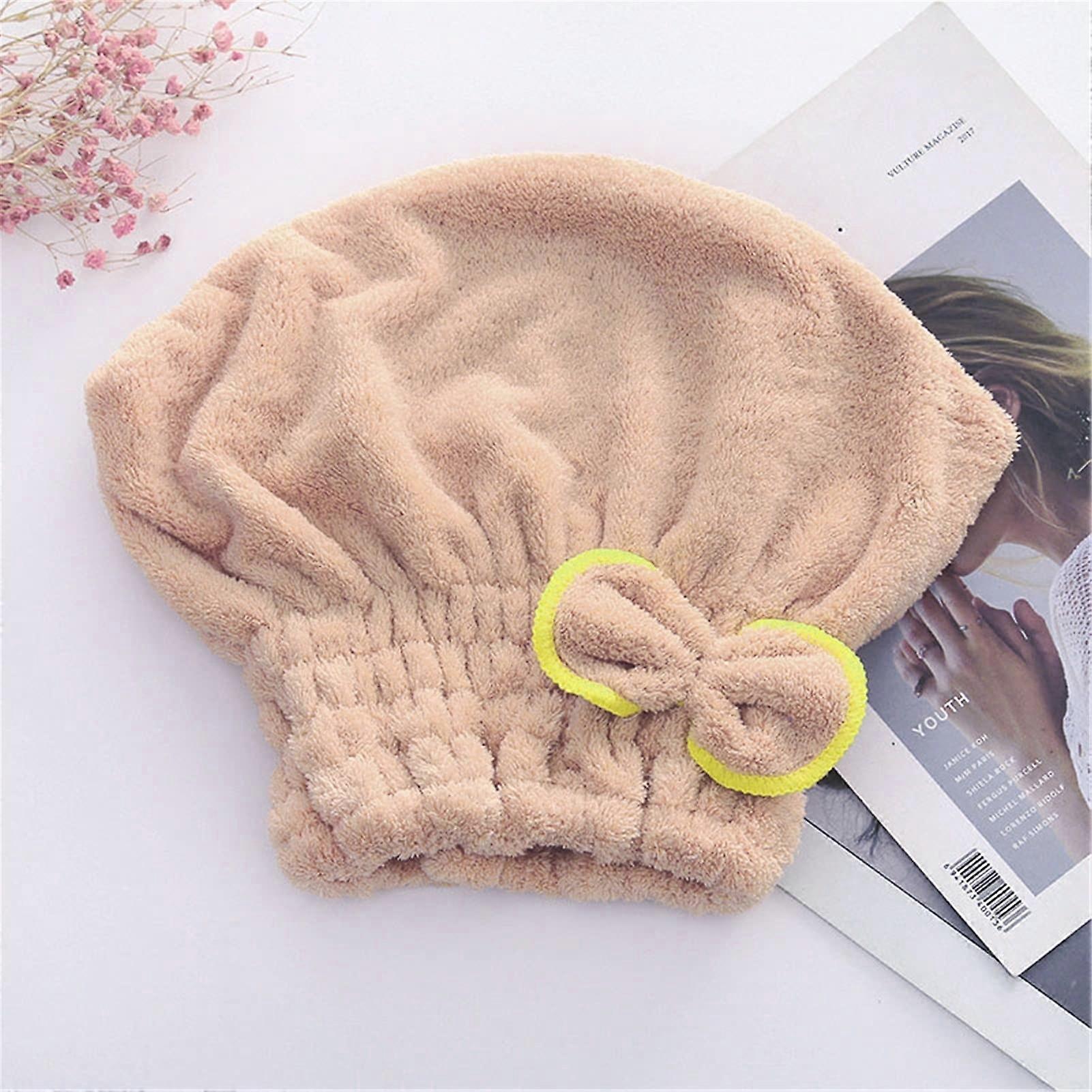Microfiber Hair Drying Towel Wrap with Bowknot, Quick Dry Spa Bath Cap, Khaki Solid Color