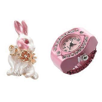 1 Stück Damen-Taschenringuhr aus rosafarbener Legierung mit Quarzwerk und 1 Stück Brosche mit rosafarbenem Hasen-, Blumen- und Schraubenschlüsselmotiv aus Emaille