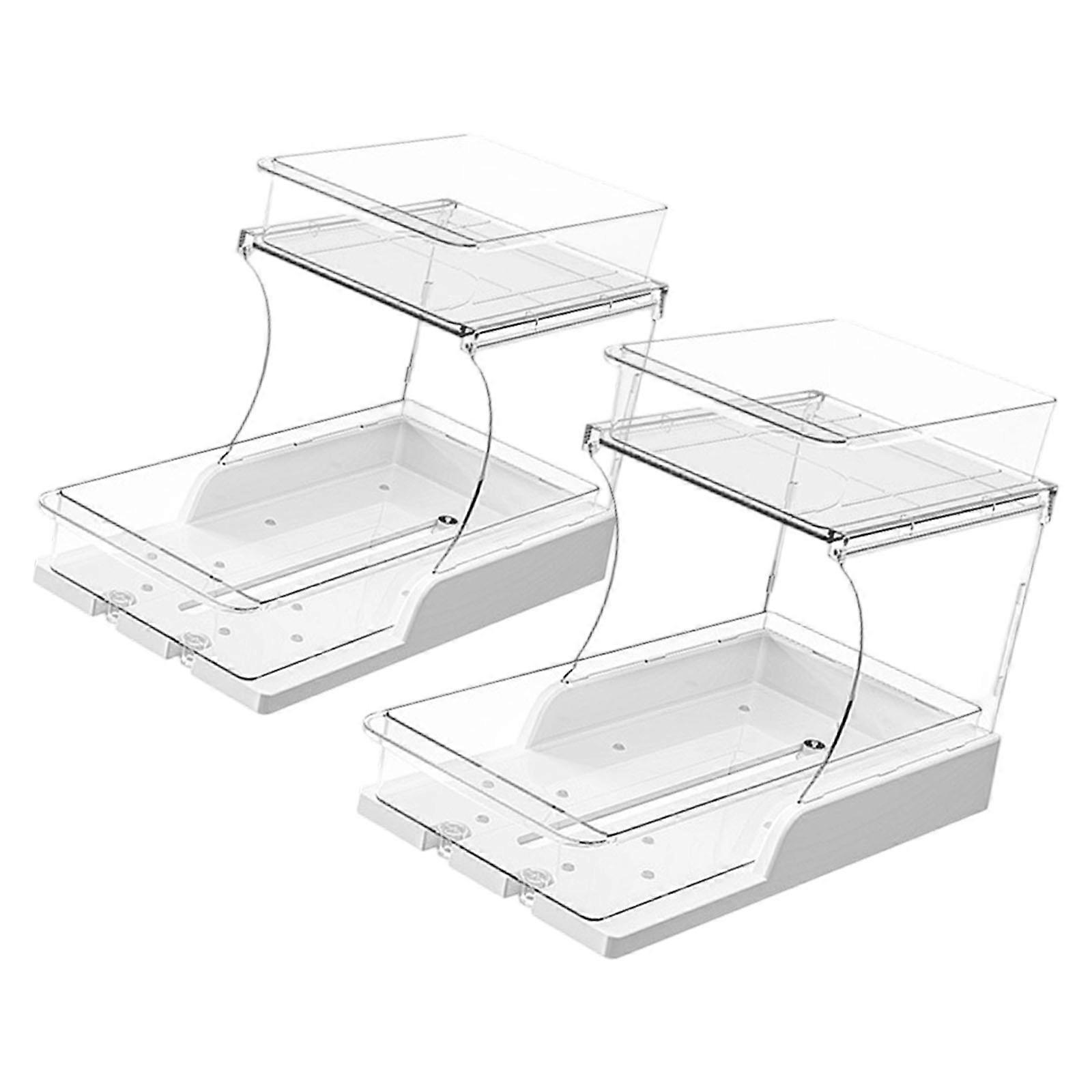 2Pcs ABS Clear Pull Out Cabinet Storage Double Layer Turning Holder For Kitchen Bathroom Space augmenter  White