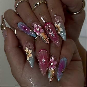 Fashionables French Tip Fake Nail Kit With Ombres Effect And Crystal Embellishments 24Pcs Multicolor