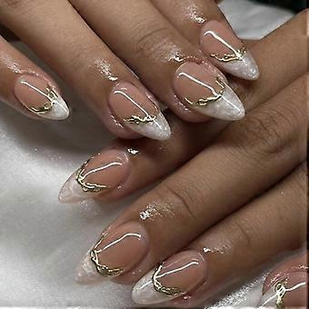 24 Pieces Short Almond Shape Press On Nail Glossy White French Tips with 3D Gold Line Decoration Artificial Nail