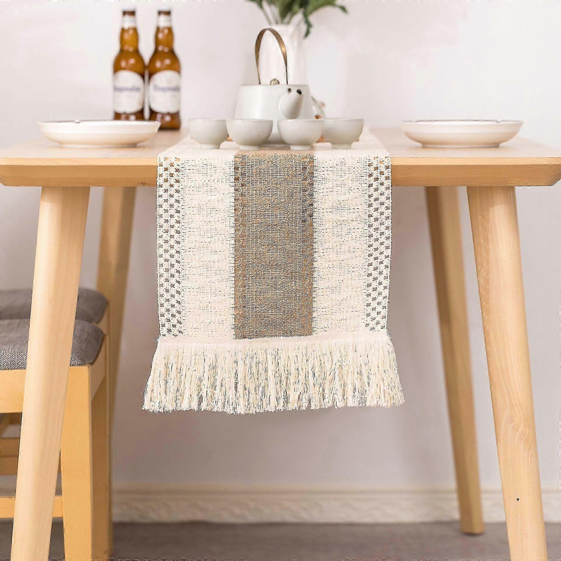 ZWS-Natural Burlap Table Runner, Splicing Cotton Boho Table Runner