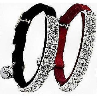 Adjustable Soft Velvet Diamante Cat Collar with Bells for Puppy & Kitten - Black & Red
