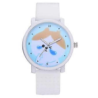 Relógio de pulso feminino com mostrador redondo, estampa de desenho animado fofa e pulseira de silicone azul celeste.