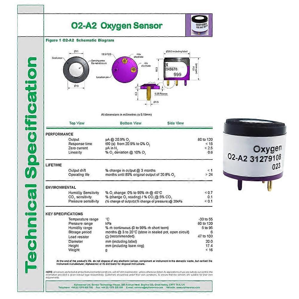 O2-A2 for Alphasense Oxygen Sensor Oxygen Battery Oxygen Sensor Measurement Range (%): 0-30
