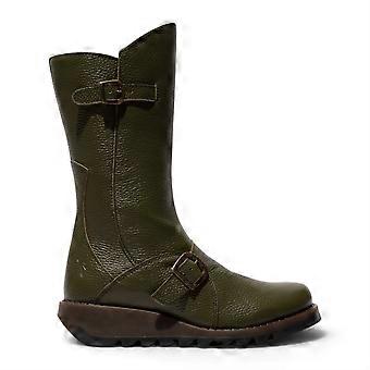 Fly London Damen-Plateau-Stiefeletten aus Leder, militärgrün, MES 2, mit Keilabsatz, Schnalle, mittelhohem Schaft, Reißverschluss.