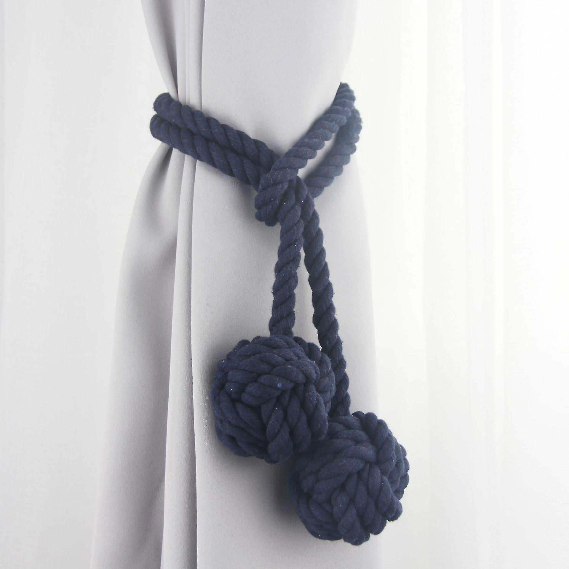 1 Pair Handmade Cotton Tiebacks For Curtains Rope And Double Ball-dark Blue