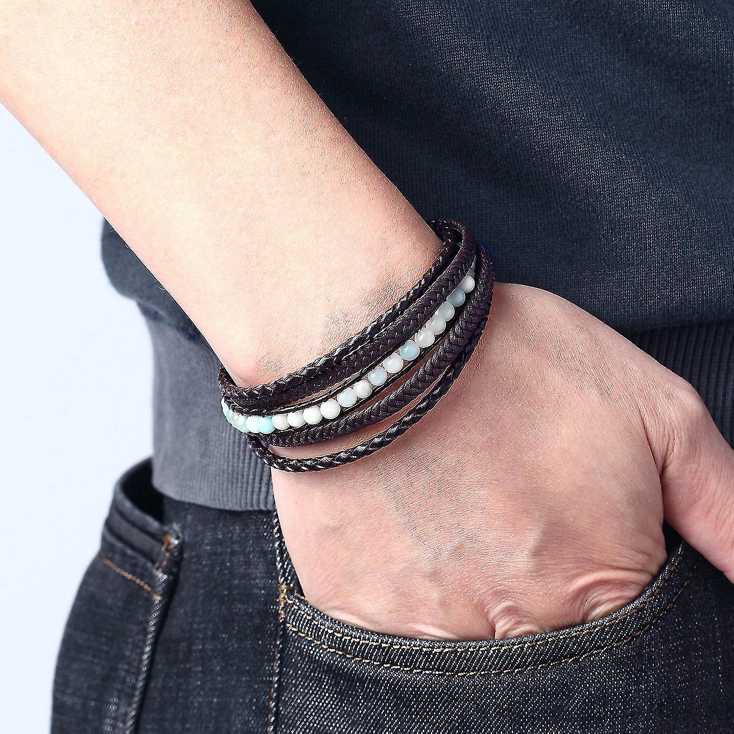 Mode Naturstein Perlen Männer Multilayer Lederarmband