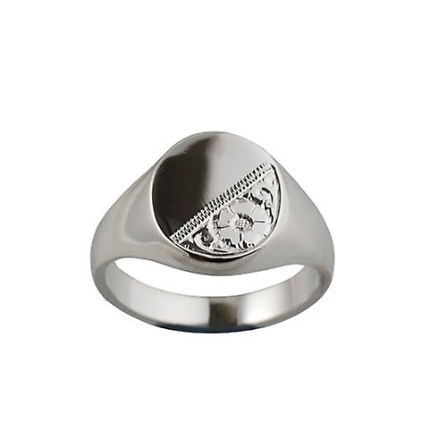 Silver 16x14mm hand engraved solid oval Signet Ring Size W