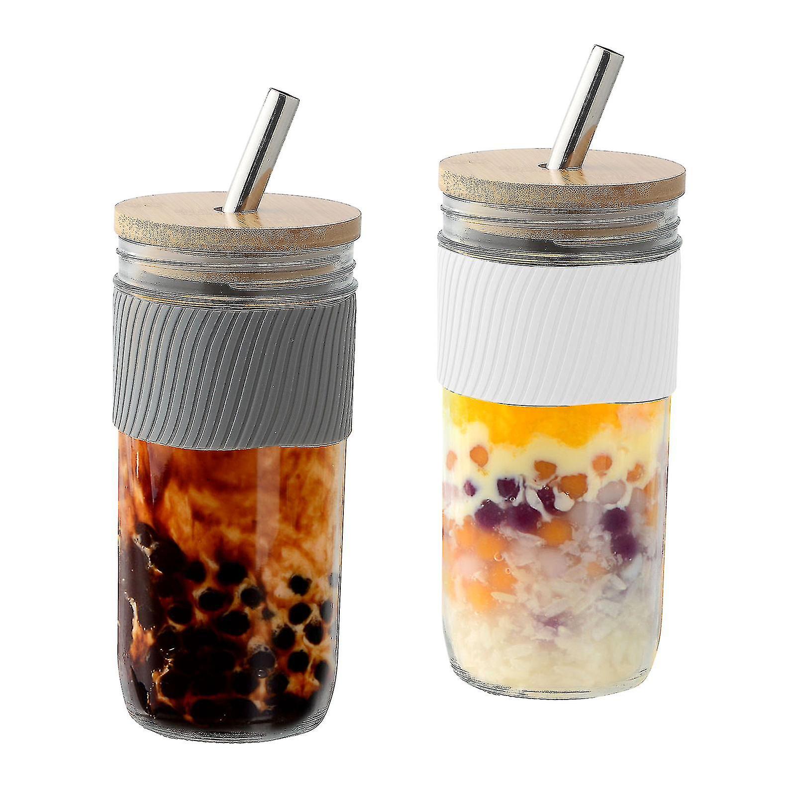 Wiederverwendbare Boba-Tasse, Glas-Bubble-Tea-Tasse, 2er-Pack, Weithals-Smoothie-Tassen mit Deckeln, Strohhalme, Silikonhülle, auslaufsichere Einmachgläser, Trinkwasserflasche