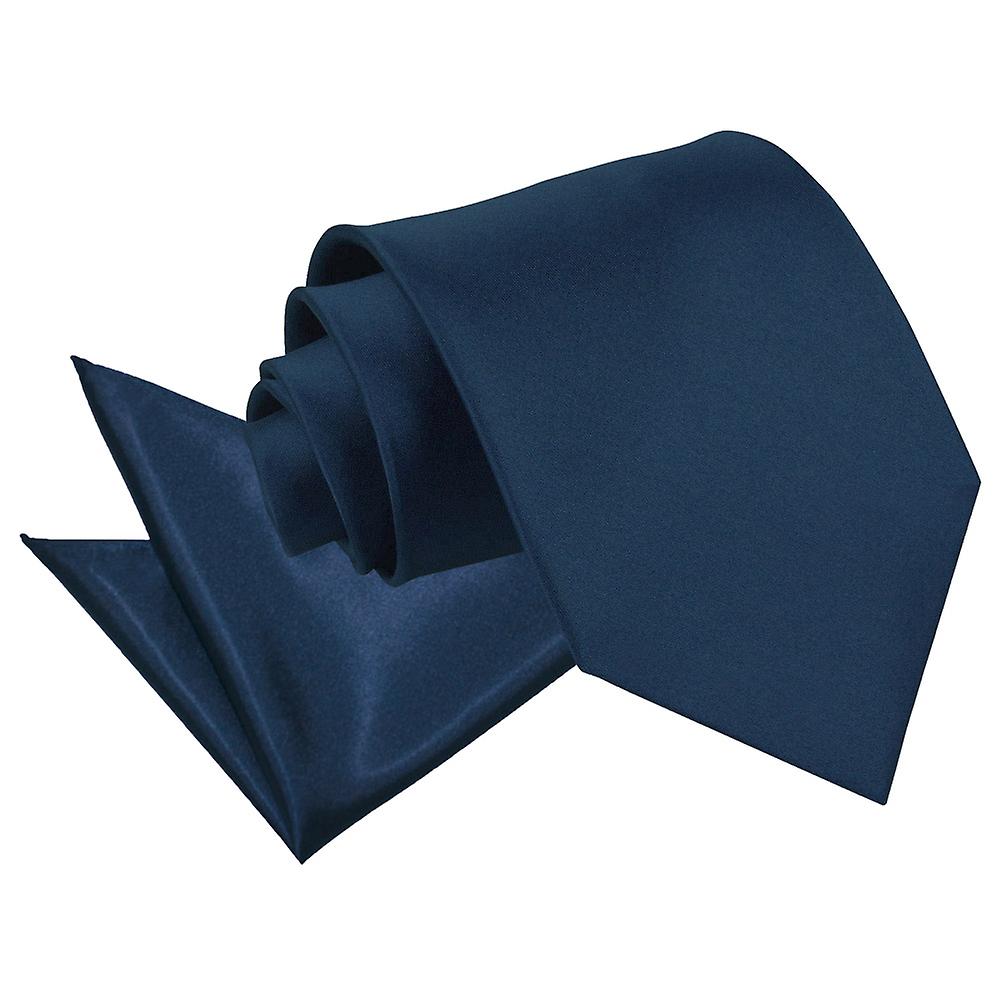 Navy Blue Plain Satin Tie and Pocket Square Set
