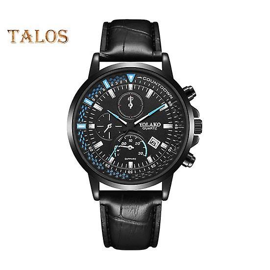 Men Quartz Watch Round Dial Three-eye Calendar Adjustable Faux Leather Strap Mechanical No Delay Time-checking High Accuracy Daily Wristwatch
