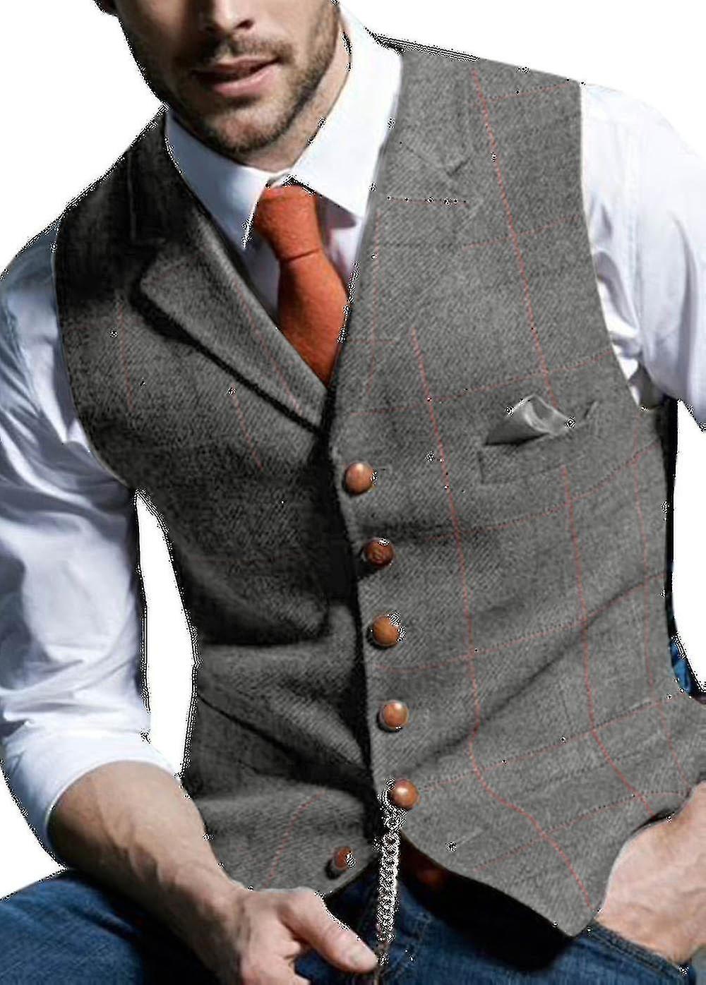 Mens Suit Vest, Notched Plaid Wool Herringbone, Tweed Waistcoat Casual