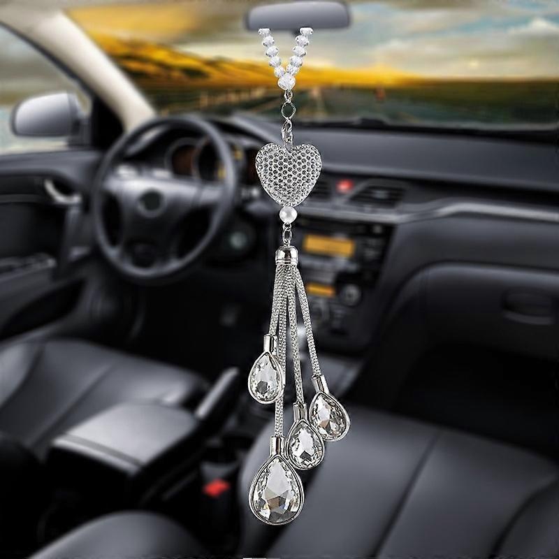 Bling Car Accessories for Women,Diamond Crystal White Heart Car Rear View Mirror Charms Prism Car De