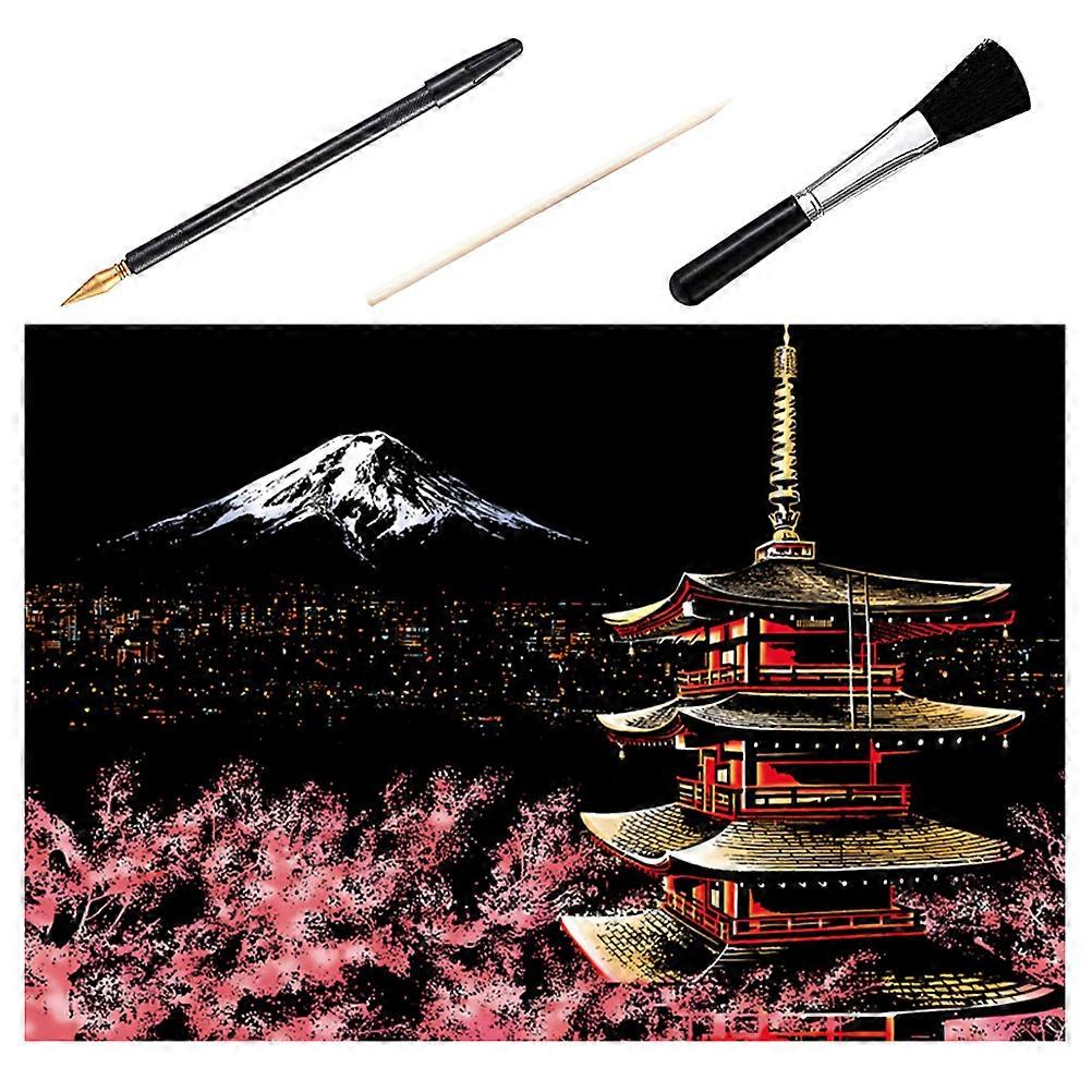 1 Set of 4pcs DIY Scratch Picture Mount Fuji Night Scene Scratching Drawing Painting Paper Scratchboard Bamboo Stick Gold-plated Pen Brush