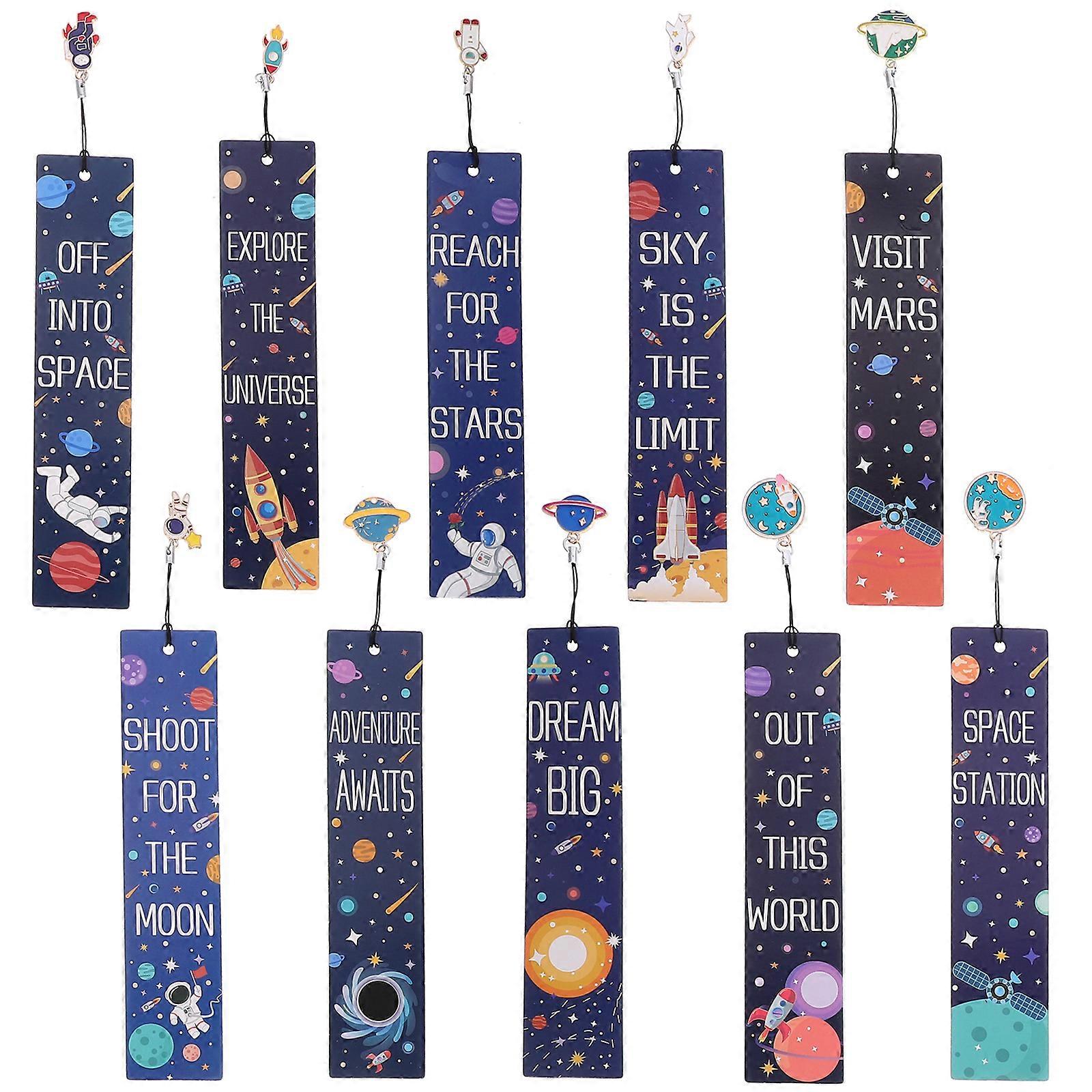 10Pcs Space Theme Bookmarks with Metal Charms Cartoon Printing Bookmarks Kids Reading Bookmarks