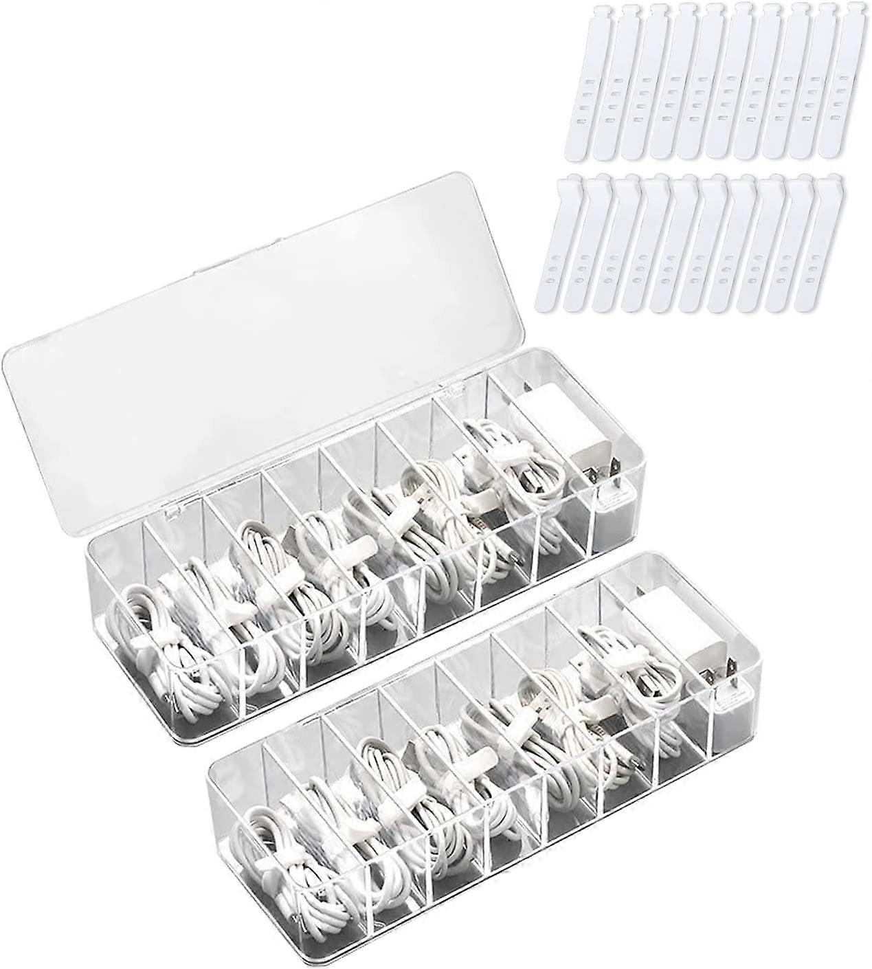2 Pieces  Cable Organiser Box 8 Compartments Cable with 20 Cable Ties Cable Organiser Box