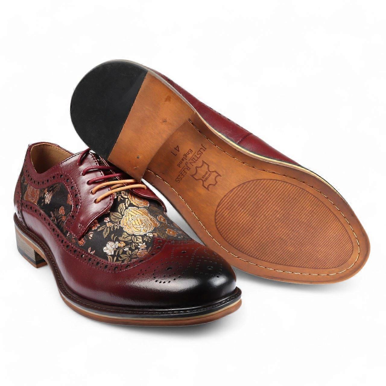 Justin Reess Men's Wine Leather Floral Print Brogue Dress Shoes