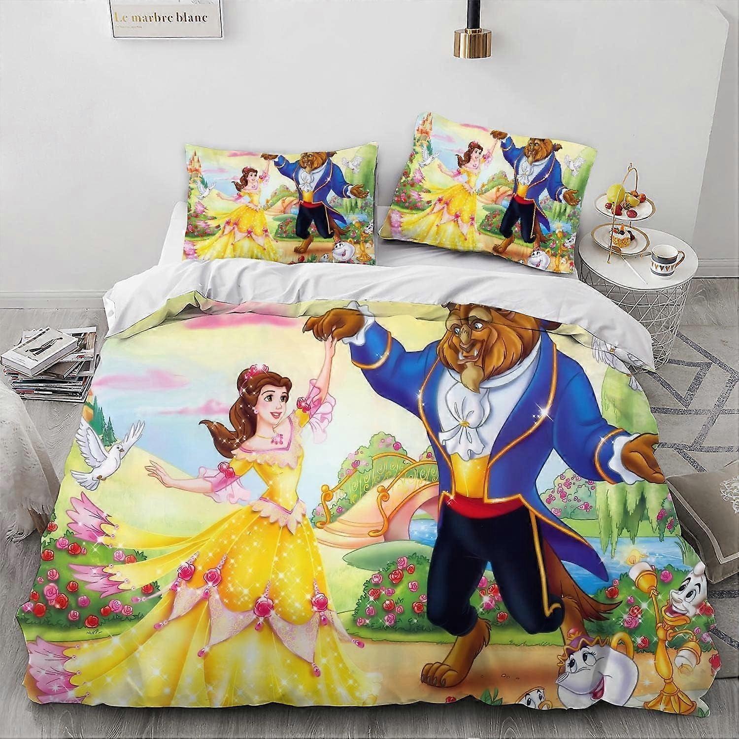 طقم الفراش MV527 مجموعة أغطية لحاف كرتونية للأميرة والوحش ، طقم مفروشات من الألياف الدقيقة بنسبة 100٪ ، طقم غطاء لحاف من 3 قطع صديق للبشرة YF527