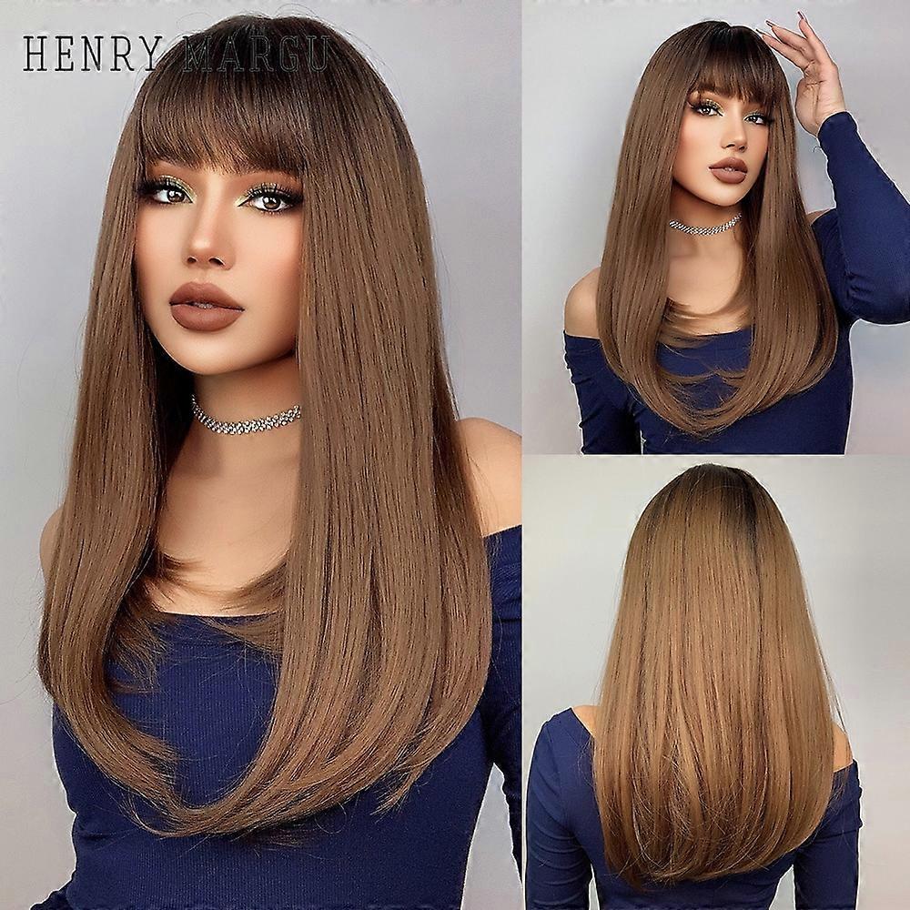 Dark Brown Medium Long Bob Synthetic Wigs with Bangs Layered Hair